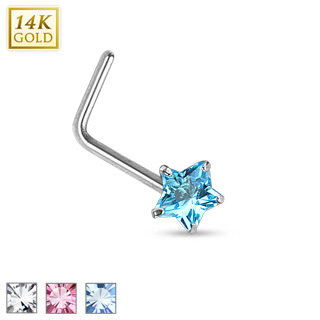 Piercing nez en or blanc 14 carats  tige en "L" et pierre en toile