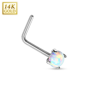 Piercing nez en or blanc 14 carats avec Opale de synthse et tige en "L"