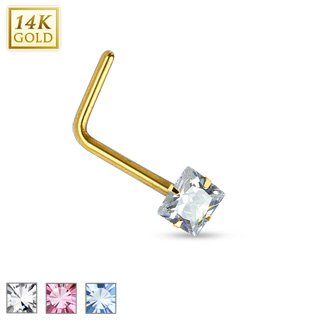 Piercing nez en or jaune 14 carats  tige en "L" et pierre carre