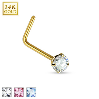 Piercing nez en or jaune 14 carats  tige en "L" et pierre ronde