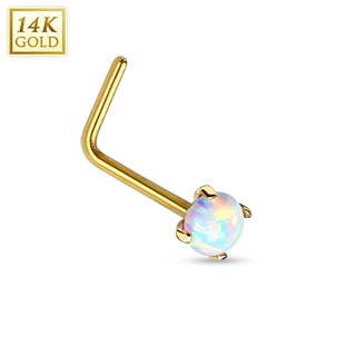 Piercing nez en or jaune 14 carats avec Opale de synthse et tige en "L"