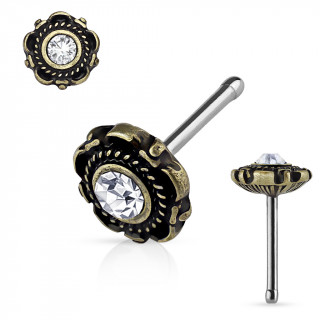 Piercing nez fleur doré vieilli à cristal clair