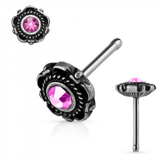 Piercing nez fleur gris ancien  cristal rose