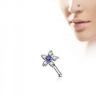 Piercing nez  fleur strass claire et bleue