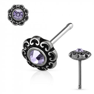 Piercing nez gris patin  coeurs et cristal violet