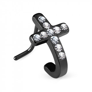 Piercing nez noir en acier  croix courbe pave de strass