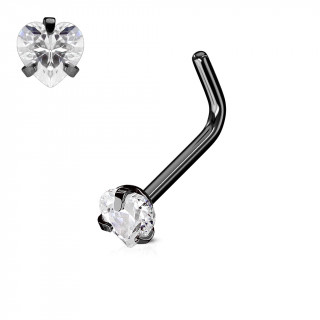 Piercing nez noir  strass coeur couvert de 3 griffes - tige "L"