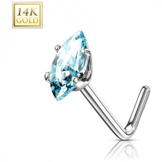 Piercing nez or blanc 14 carats à zirconium bleu en amande - Tige L