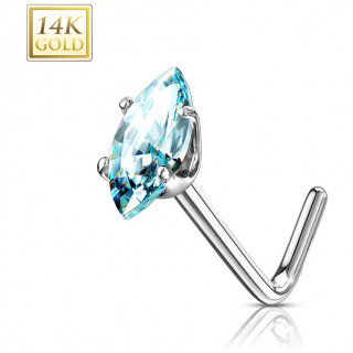 Piercing nez or blanc 14 carats  zirconium bleu en amande - Tige L