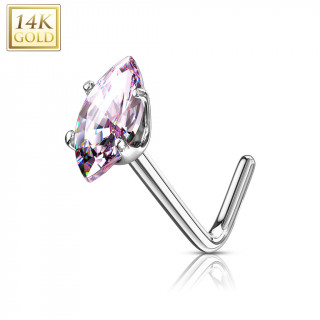 Piercing nez or blanc 14 carats  zirconium rose en amande - Tige L