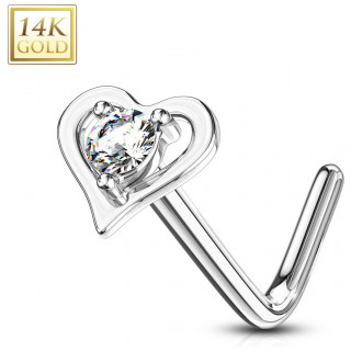 Piercing nez or blanc 14 carats coeur sensuel serti - Clair - Tige L