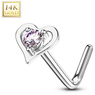 Piercing nez or blanc 14 carats coeur sensuel serti - Rose - Tige L