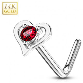 Piercing nez or blanc 14 carats coeur sensuel serti - Rouge - Tige L