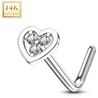 Piercing nez or blanc 14 carats coeur serti - Clair - Tige L