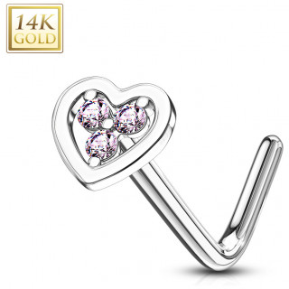 Piercing nez or blanc 14 carats coeur serti - Rose - Tige L