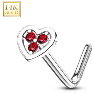 Piercing nez or blanc 14 carats coeur serti - Rouge - Tige L