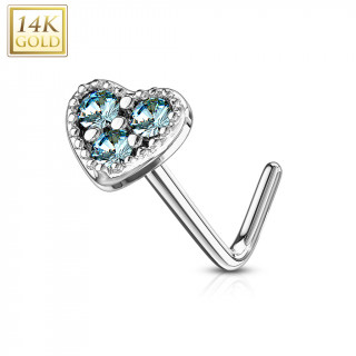 Piercing nez or blanc 14 carats  embout coeur bleu ciel - Tige L