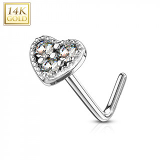 Piercing nez or blanc 14 carats  embout coeur clair - Tige L