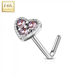 Piercing nez or blanc 14 carats  embout coeur rose - Tige L