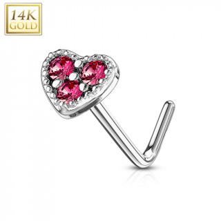 Piercing nez or blanc 14 carats  embout coeur rouge - Tige L