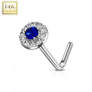 Piercing nez or blanc 14 carats  embout rond clair et bleu - Tige L