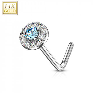 Piercing nez or blanc 14 carats  embout rond clair et bleu aqua - Tige L