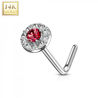 Piercing nez or blanc 14 carats  embout rond clair et rouge - Tige L