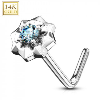 Piercing nez or blanc 14 carats  toile sertie - Bleu aqua - Tige L