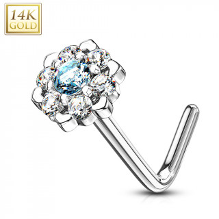 Piercing nez or blanc 14 carats  fleur tincelante - Clair et aqua- Tige L