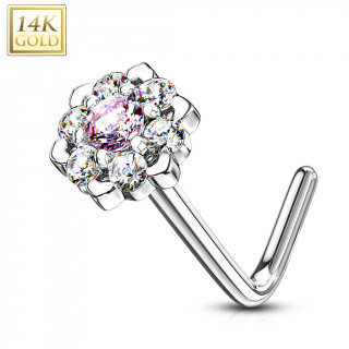 Piercing nez or blanc 14 carats  fleur tincelante - Clair et rose- Tige L