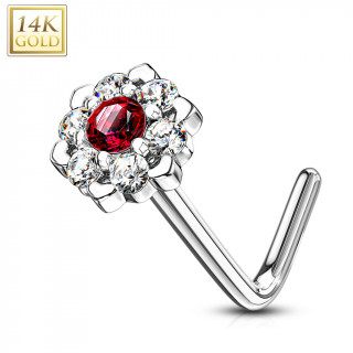 Piercing nez or blanc 14 carats  fleur tincelante - Clair et rouge - Tige L