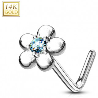 Piercing nez or blanc 14 carats fleur sertie  ptales ronds - Aqua - Tige L