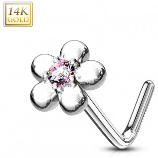 Piercing nez or blanc 14 carats fleur sertie  ptales ronds - Rose - Tige L