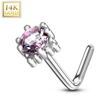 Piercing nez or blanc 14 carats  griffe de sertissage carre - Rose - Tige L