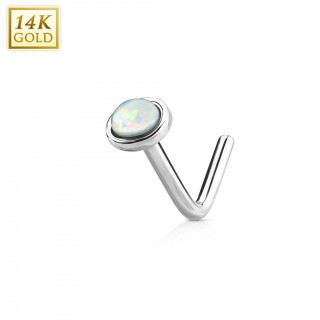 Piercing nez or blanc 14 carats  Opale blanche - tige "L"