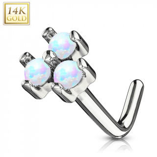 Piercing nez or blanc 14 carats tige L  trio d'Opales blanches