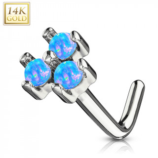 Piercing nez or blanc 14 carats tige L à trio d'Opales bleues