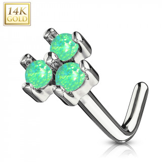 Piercing nez or blanc 14 carats tige L  trio d'Opales vertes