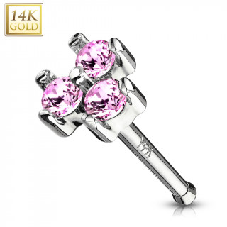 Piercing nez or blanc 14 carats  trio de zirconiums roses