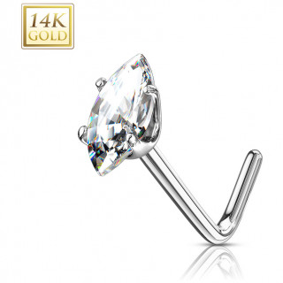 Piercing nez or blanc 14 carats à zirconium clair en amande - Tige L