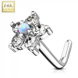Piercing nez or blanc 14k tige L à fleur de zirconiums et opale blanche