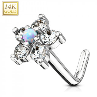 Piercing nez or blanc 14k tige L  fleur de zirconiums et opale blanche