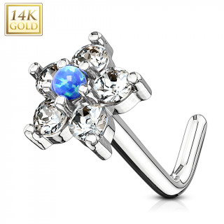 Piercing nez or blanc 14k tige L à fleur de zirconiums et opale bleue