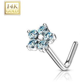 Piercing nez or blanc 14k tige L  fleur de zirconiums - Bleu aqua