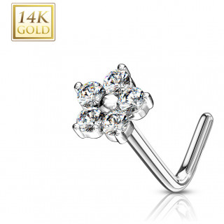 Piercing nez or blanc 14k tige L  fleur de zirconiums - Clair