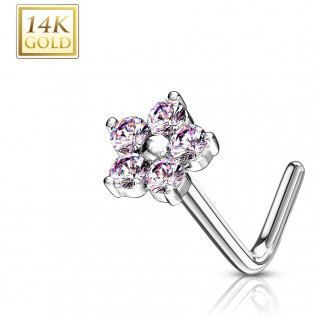 Piercing nez or blanc 14k tige L  fleur de zirconiums - Rose