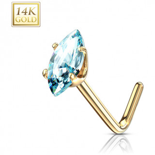 Piercing nez or 14 carats  zirconium bleu en amande - Tige L