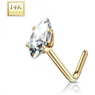 Piercing nez or 14 carats  zirconium clair en amande - Tige L