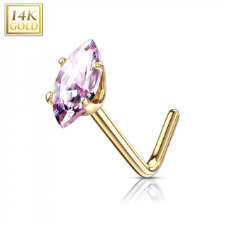 Piercing nez or 14 carats  zirconium rose en amande - Tige L