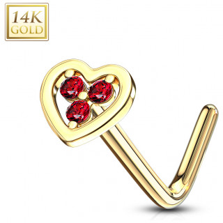 Piercing nez or 14 carats coeur serti - Rouge - Tige L